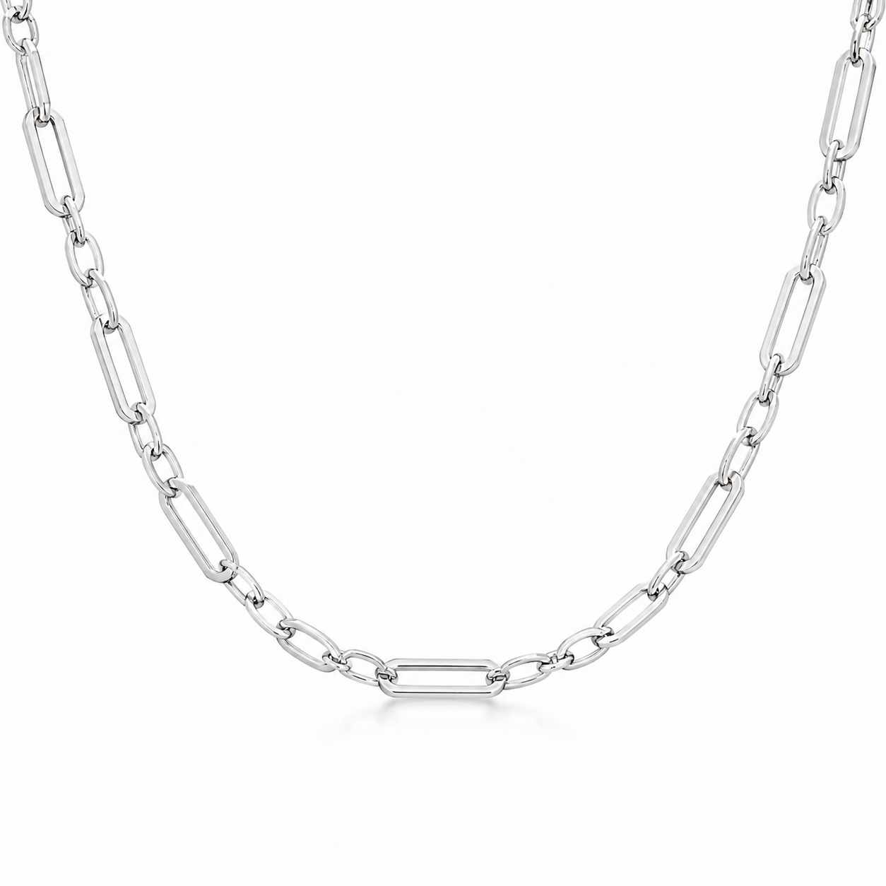 Close-up of the Bold Silver Paperclip Link Statement Chain showing alternating elongated rectangular and small oval links. 
