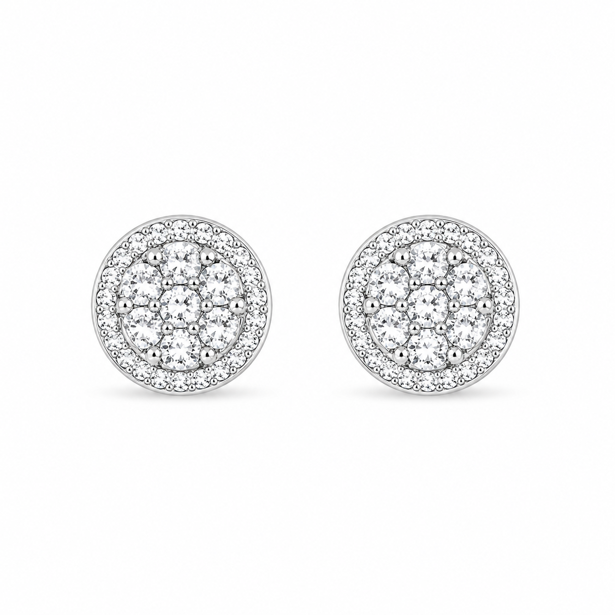 Front view of Brilliant Round Halo Silver Stud Earrings showing the detailed stone cluster and halo setting