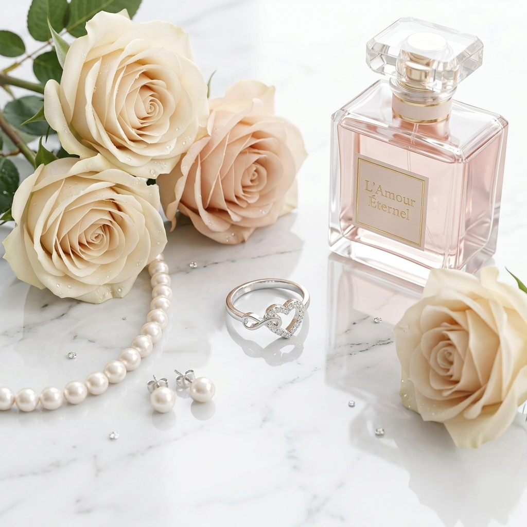 Silver Infinity Heart Promise Ring displayed flat on a marble surface alongside white roses, pearl jewelry, and a glass perfume bottle.
