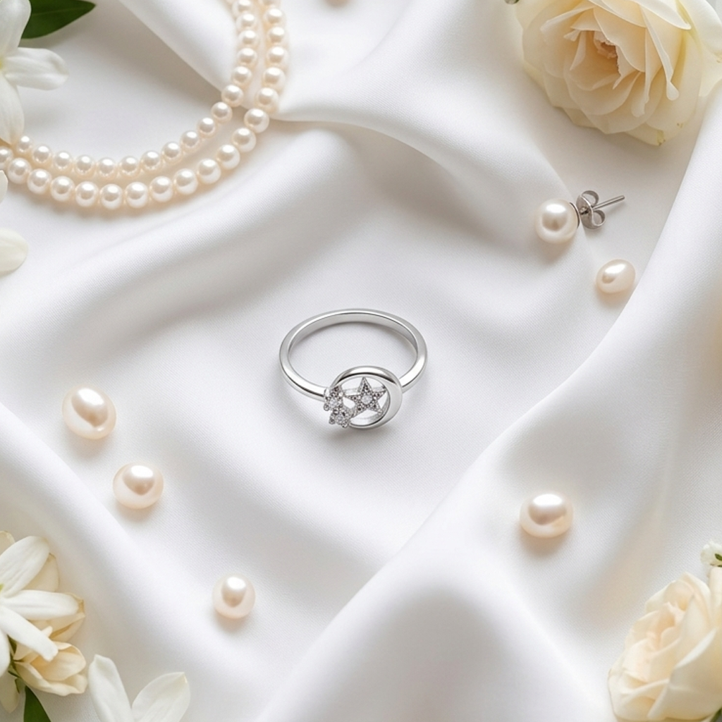 Celestial Star Silver Diamond Ring placed delicately on white silk fabric adorned with pearls and white roses