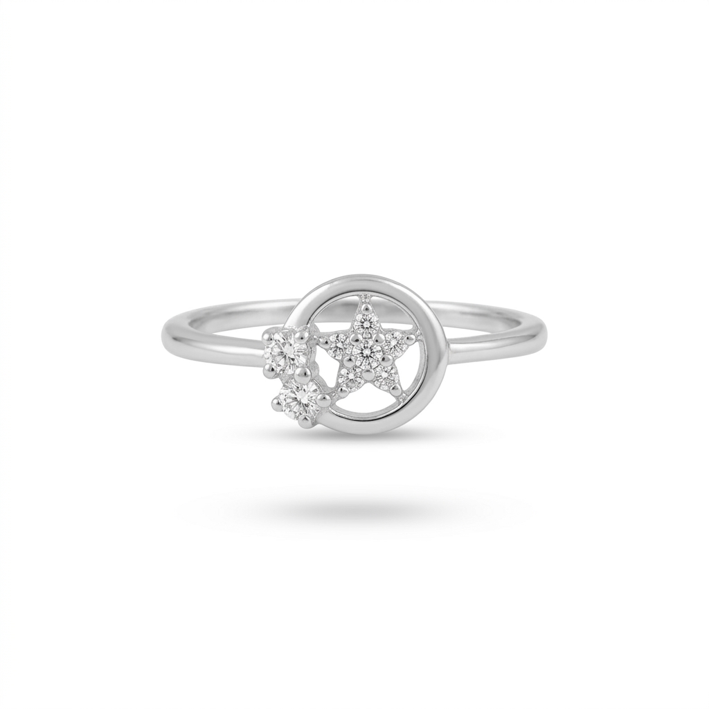 Frontal close-up of the Celestial Star Silver Diamond Ring showcasing the diamond-encrusted star and circular halo motif against a white background