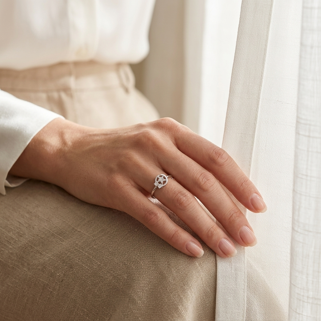 Woman's hand wearing the Celestial Star Silver Diamond Ring resting on her lap against beige linen trousers and a white shirt