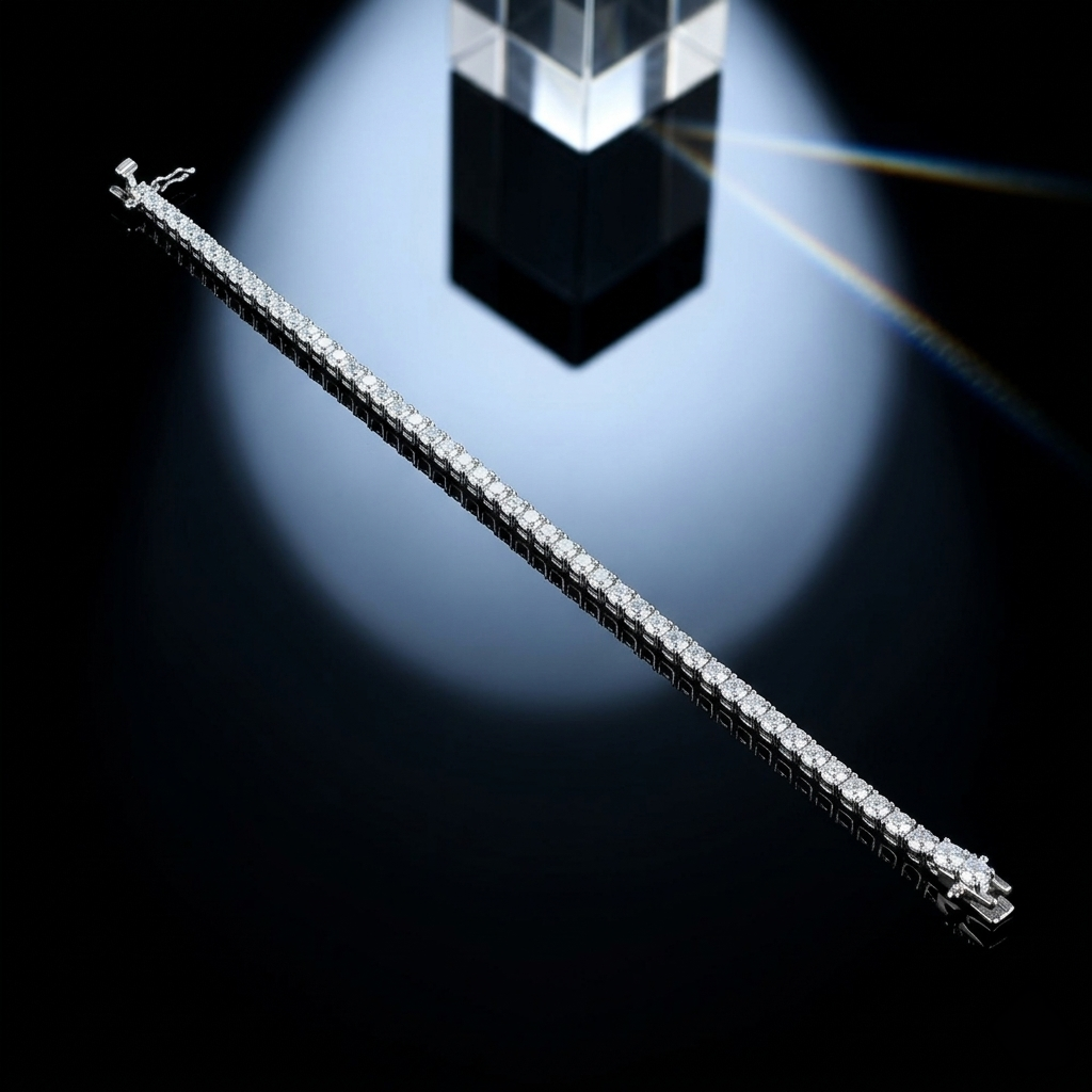 Full-length studio view of the Classic Diamond Tennis Silver Bracelet laid perfectly straight across a dark reflective surface, featuring a subtle light prism effect in the background and displaying the hidden clasp