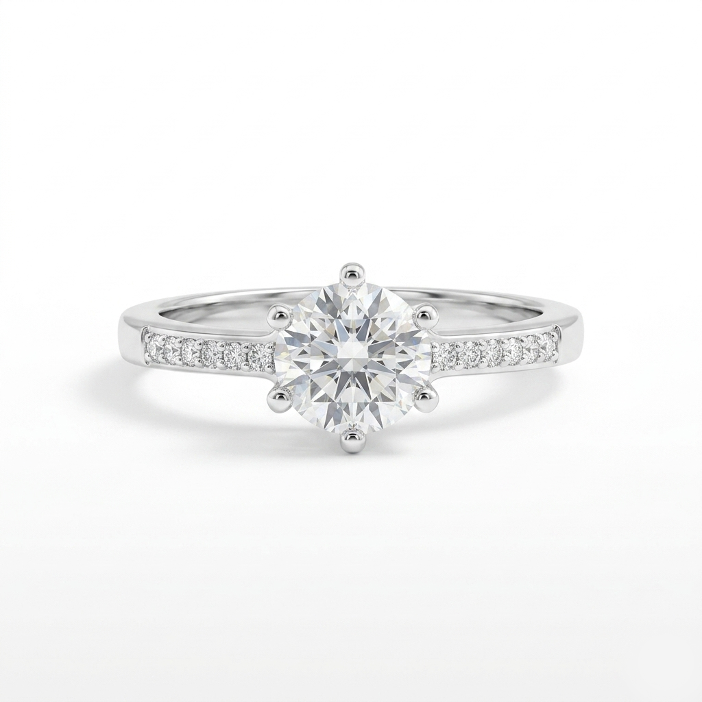 Front view of a Classic Round Cut Silver Pave Ring with a round center stone and pave diamond band on a pristine white background