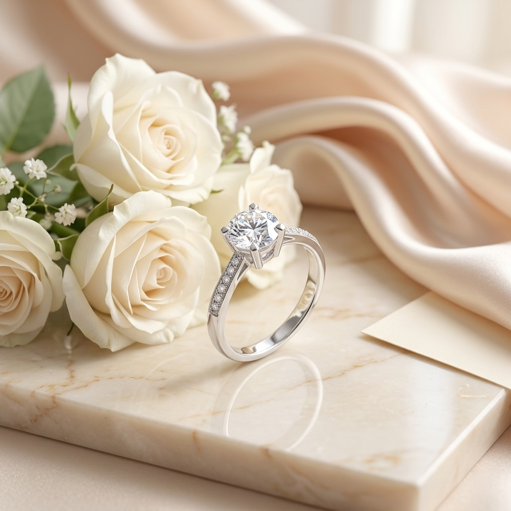 Elegant Classic Round Cut Silver Pave Ring resting on a marble block beside soft white roses and draped silk cloth
