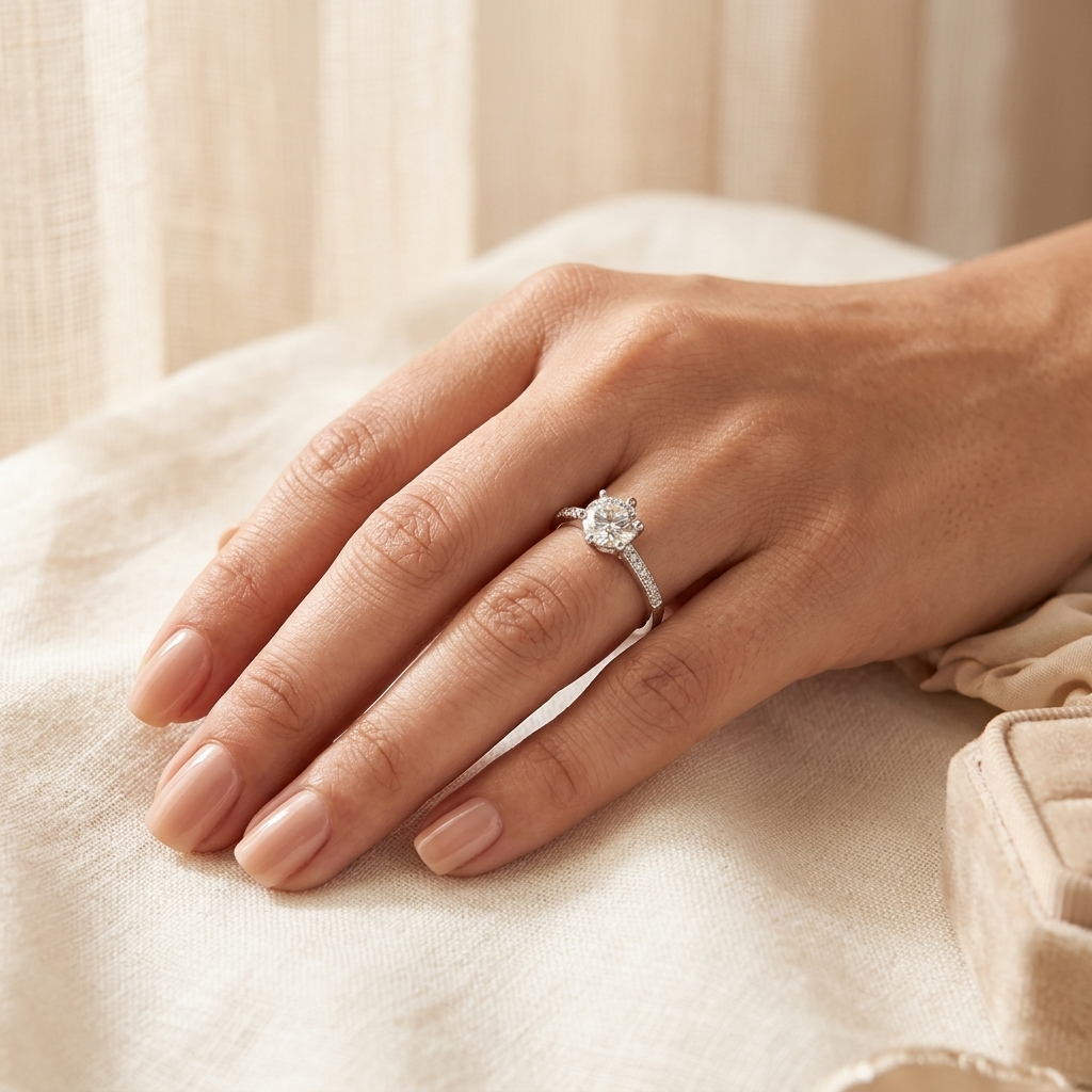 Close-up of a woman's hand wearing the Classic Round Cut Silver Pave Ring, resting on a textured beige fabric