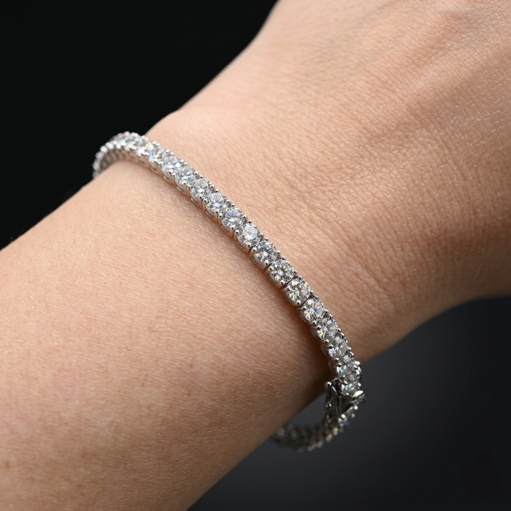 Close-up view of the Classic Diamond Tennis Silver Bracelet worn securely on a bare wrist against a dark background, demonstrating the proper fit and scale of the continuous diamond line