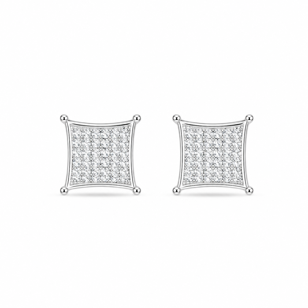 Front view of Concave Square Pave Silver Stud Earrings isolated on a white background