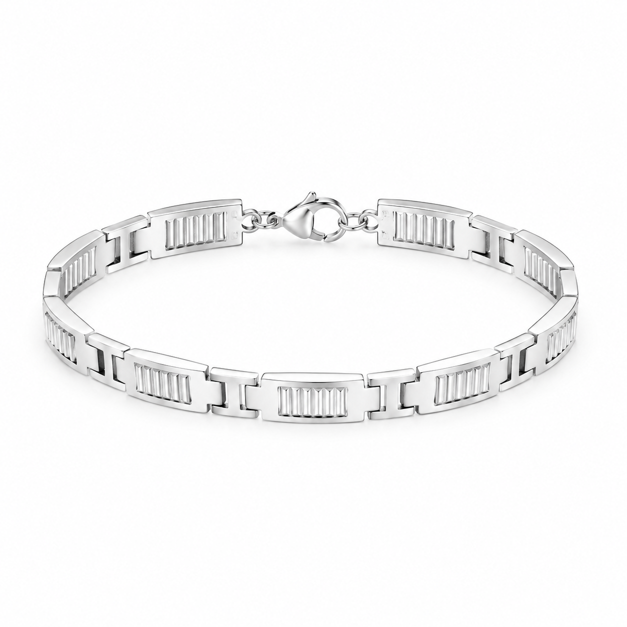 Designer grooved link silver men's bracelet laid flat against a white background