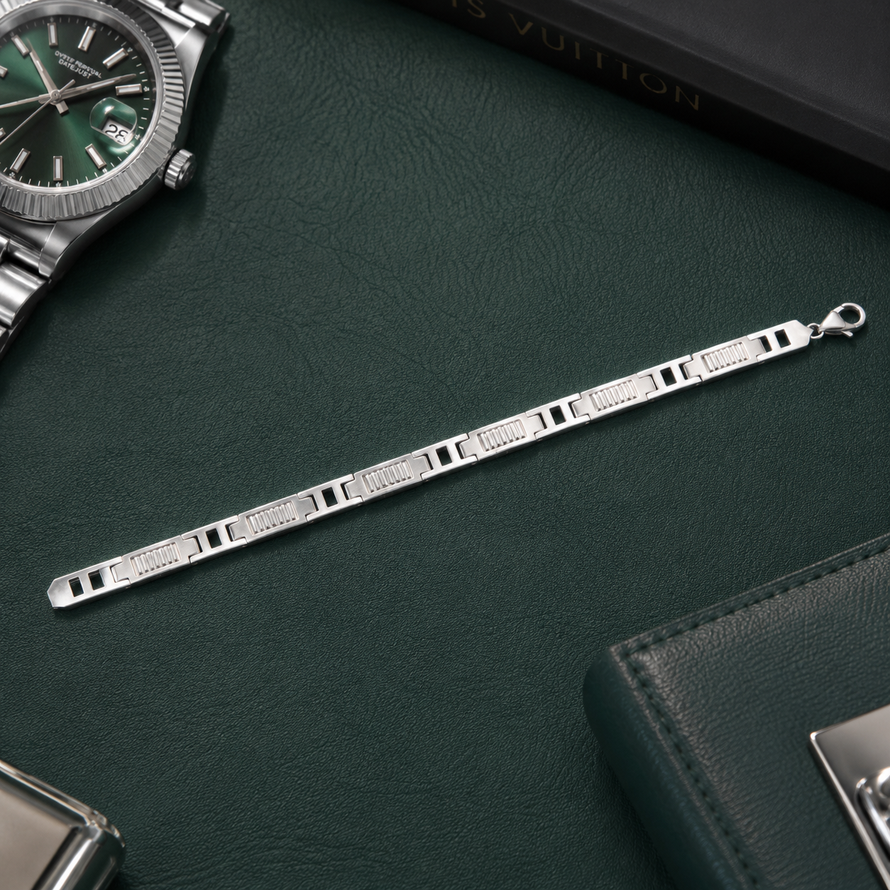 Angled view highlighting the alternating smooth and grooved link design of the silver wristband