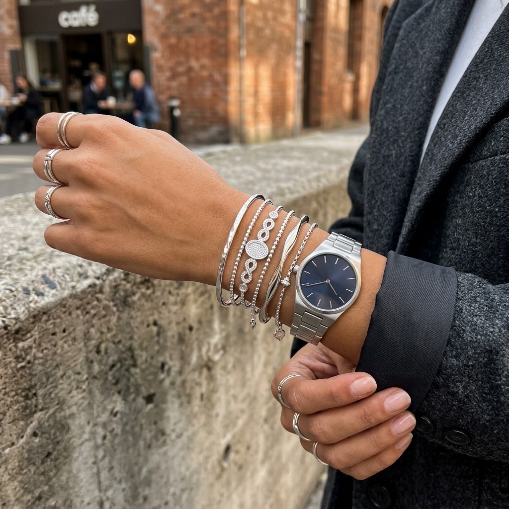The Diamond Look Infinity Silver Bracelet styled in a layered wrist stack alongside assorted silver bangles, beaded chains, and a modern silver watch with a dark blue dial