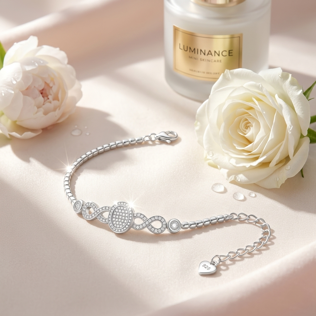 A close-up of the Diamond Look Infinity Silver Bracelet resting elegantly on soft, blush-toned silk