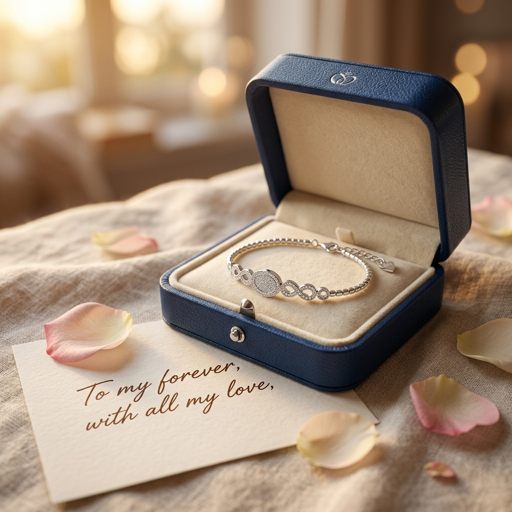The Diamond Look Infinity Silver Bracelet inside an open navy blue velvet gift box