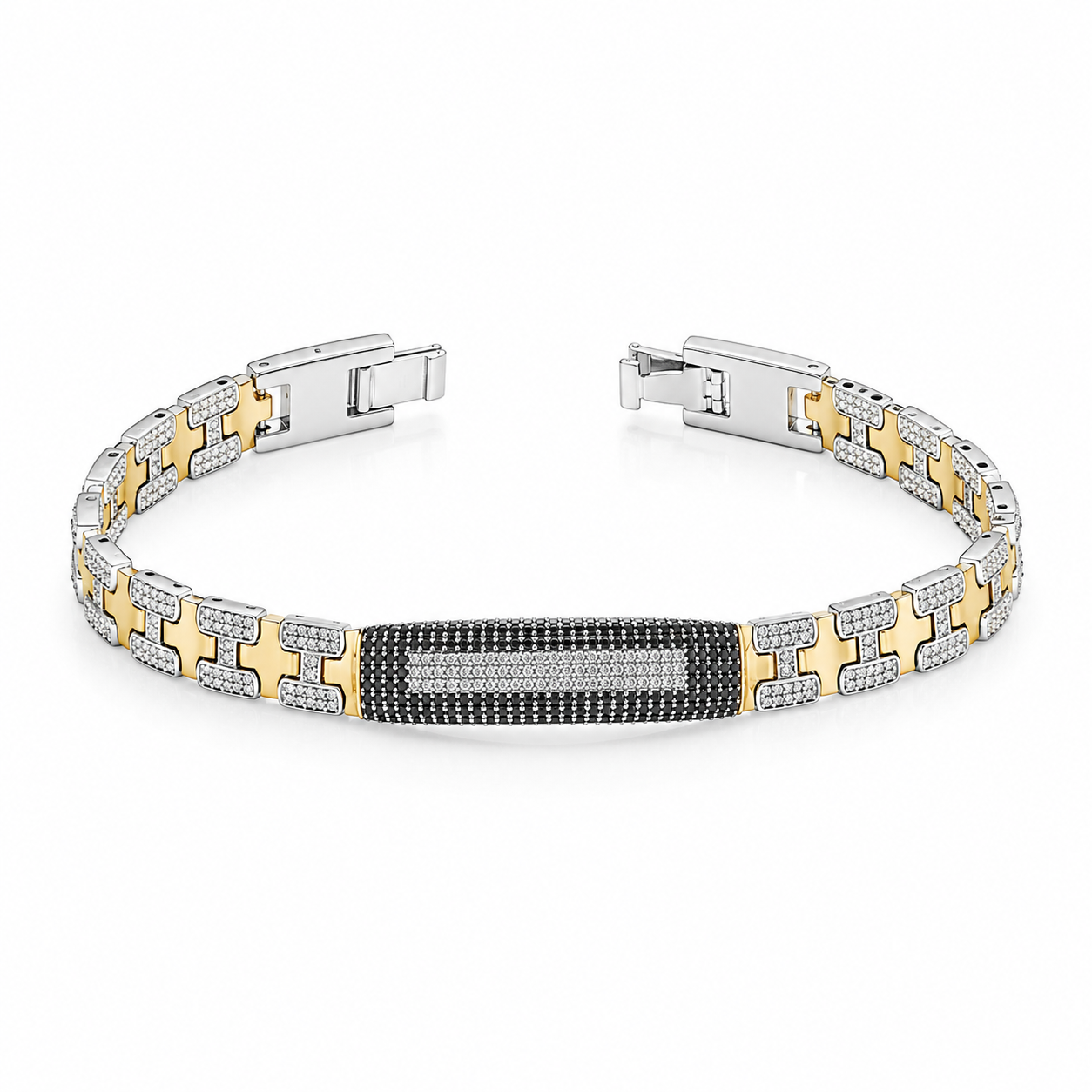 Top view of the Dual-Tone Textured H-Link Bracelet showing the black center plate and open fold-over clasp