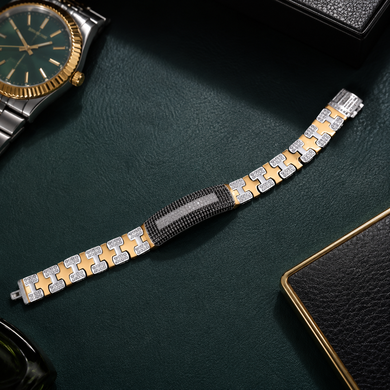 Detailed view of the dual-tone bracelet resting horizontally against a white background