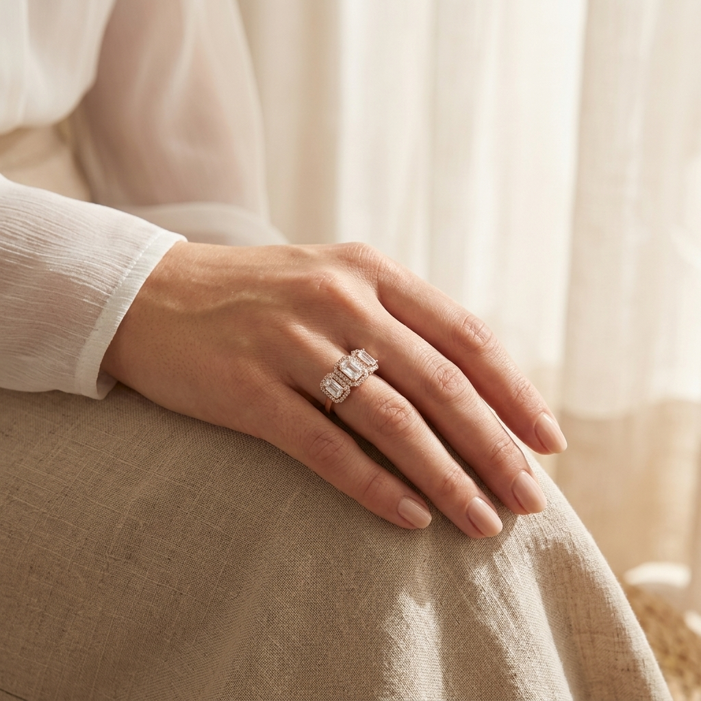 Woman wearing a two-tone Emerald Cut Three-Stone Halo Ring on her hand, resting on a beige skirt.