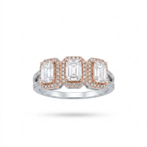 Emerald-Cut Three-Stone Halo Ring