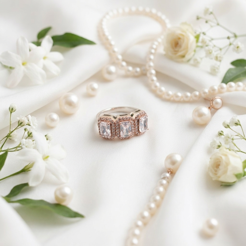 Flat lay of the Emerald Cut Three-Stone Halo Ring surrounded by white flowers and a pearl necklace on a silk cloth.