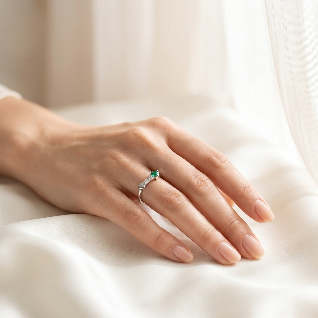 A woman's hand modeling the horizontal Emerald Heart Pave Sterling Silver Ring on her ring finger. 