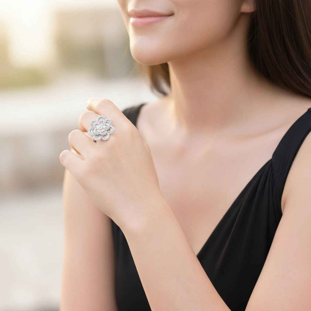 3D Flower Design Silver Ring For Women