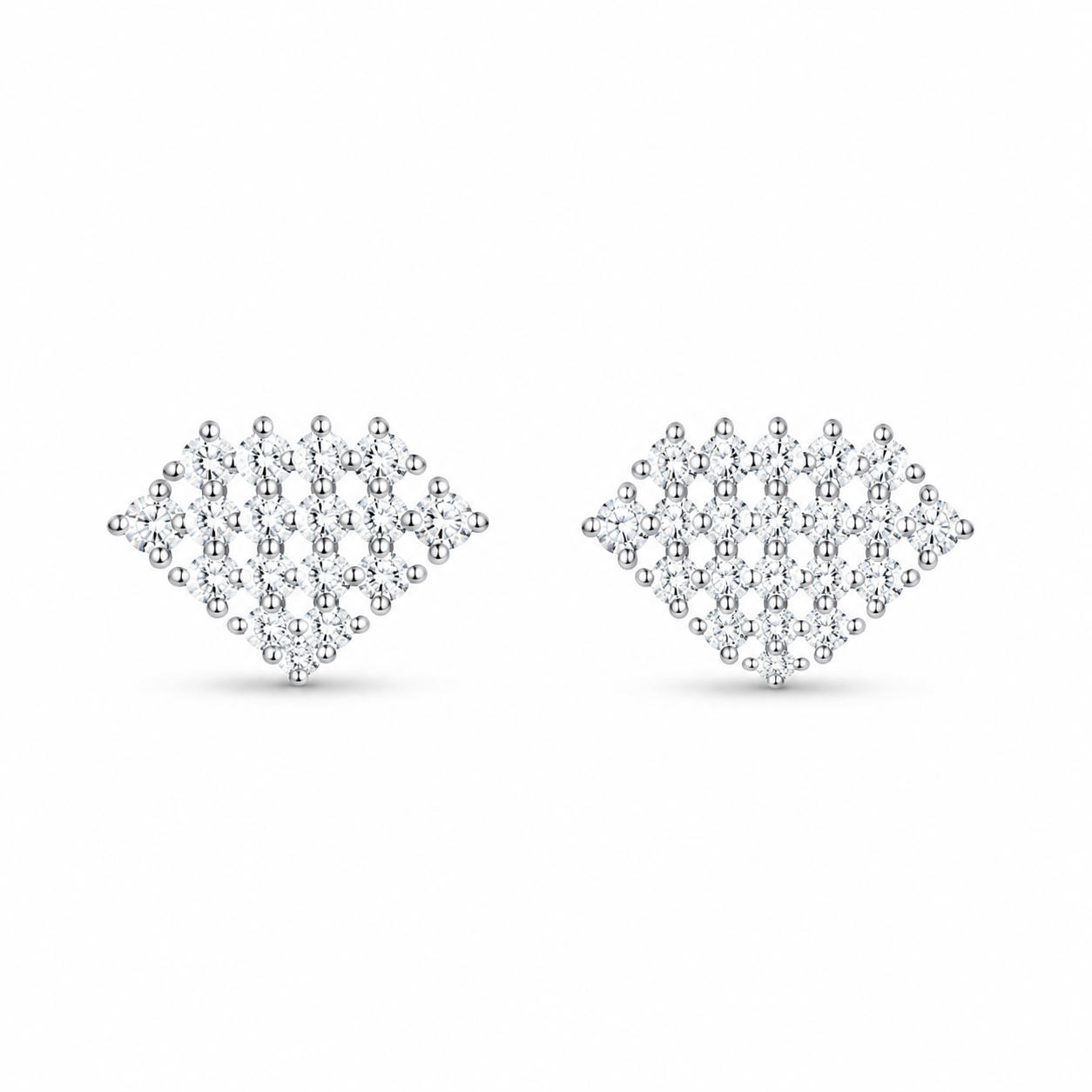 Front view of a pair of Geometric Diamond-Shaped Silver Crystal Stud Earrings against a plain white background.