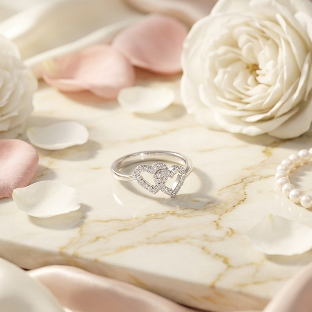 Interlocking Double Heart Silver Ring resting on a marble surface with white rose petals and pearls