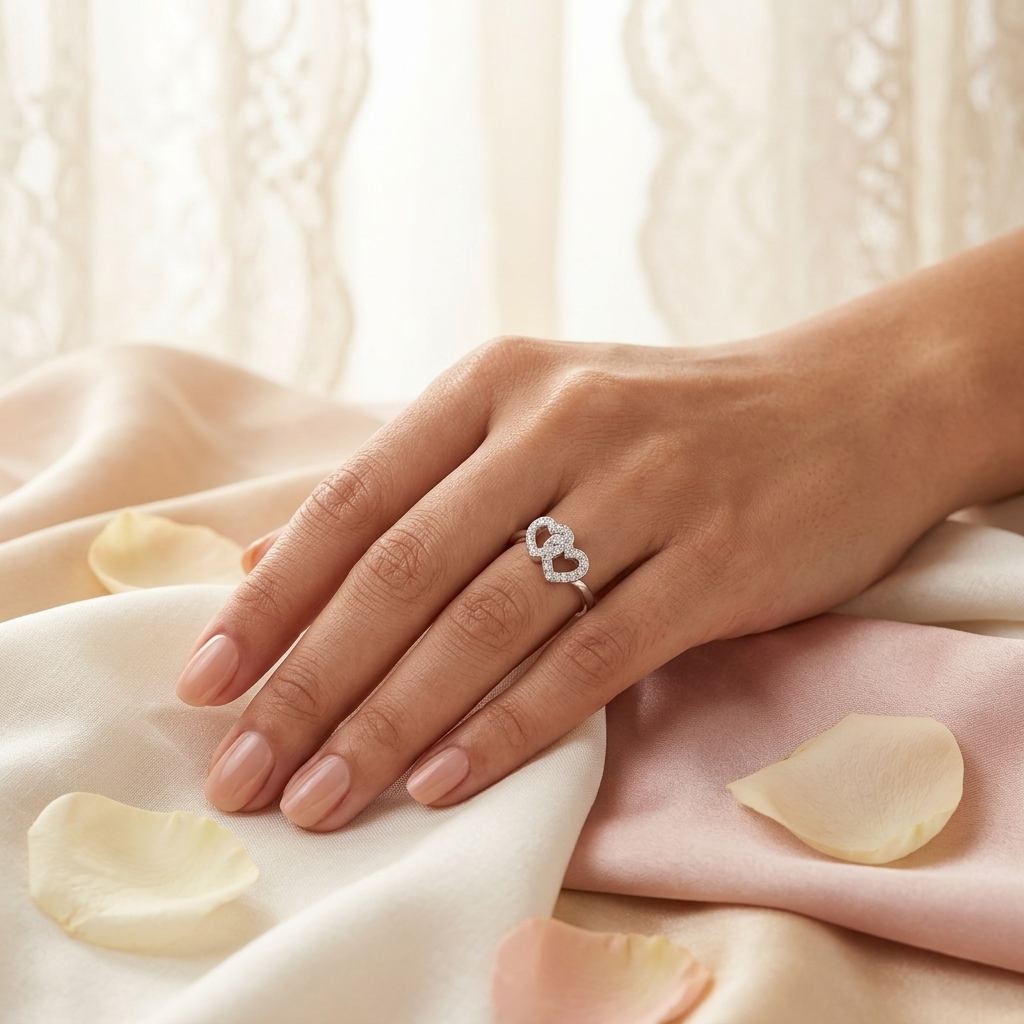 Woman's hand wearing a silver interlocking heart ring, resting elegantly on cream and pink silk fabric with rose petals