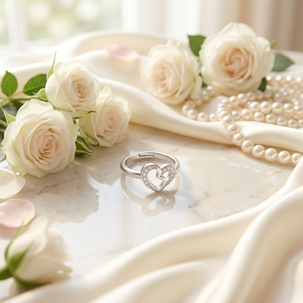 Interlocking Heart Sterling Silver Ring resting on white silk fabric next to white roses and a pearl necklace