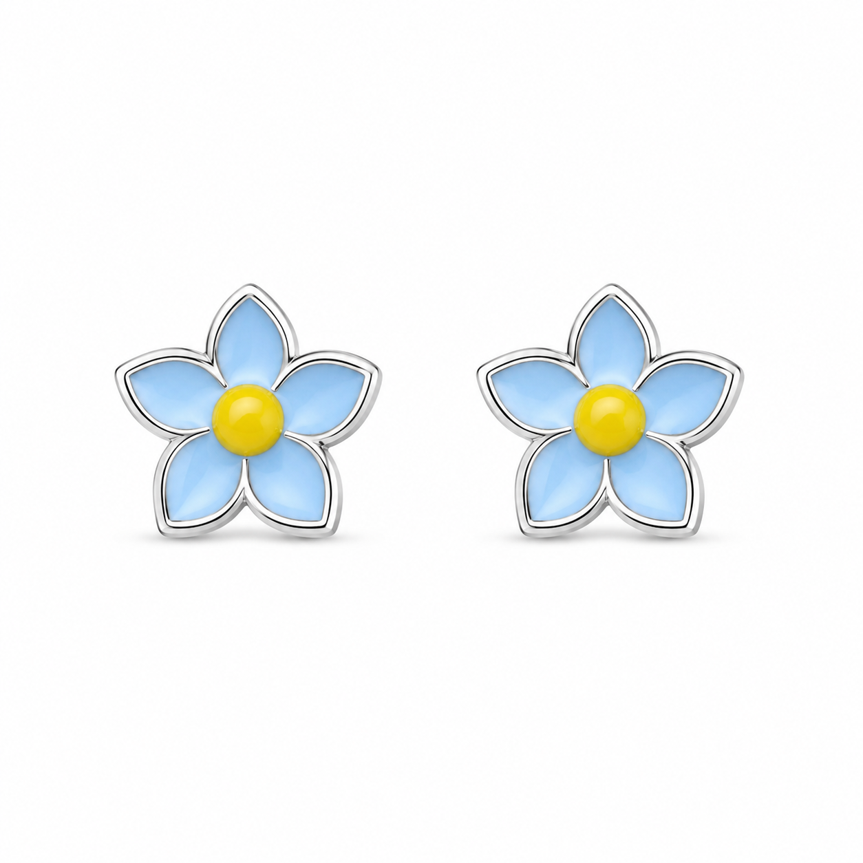 Close-up of Light Blue Floral Enamel Silver Stud Earrings featuring five petals and a yellow center on a white background.