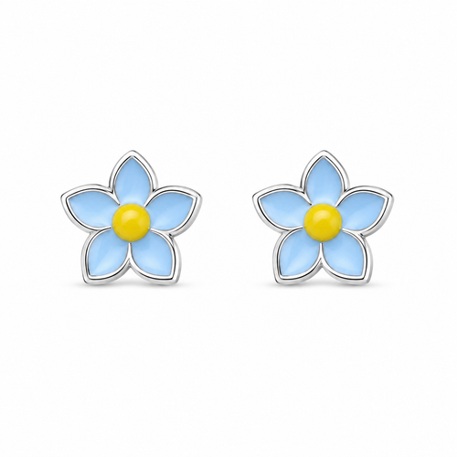 Light Blue Floral Enamel Silver Stud Earrings (Yellow Center)