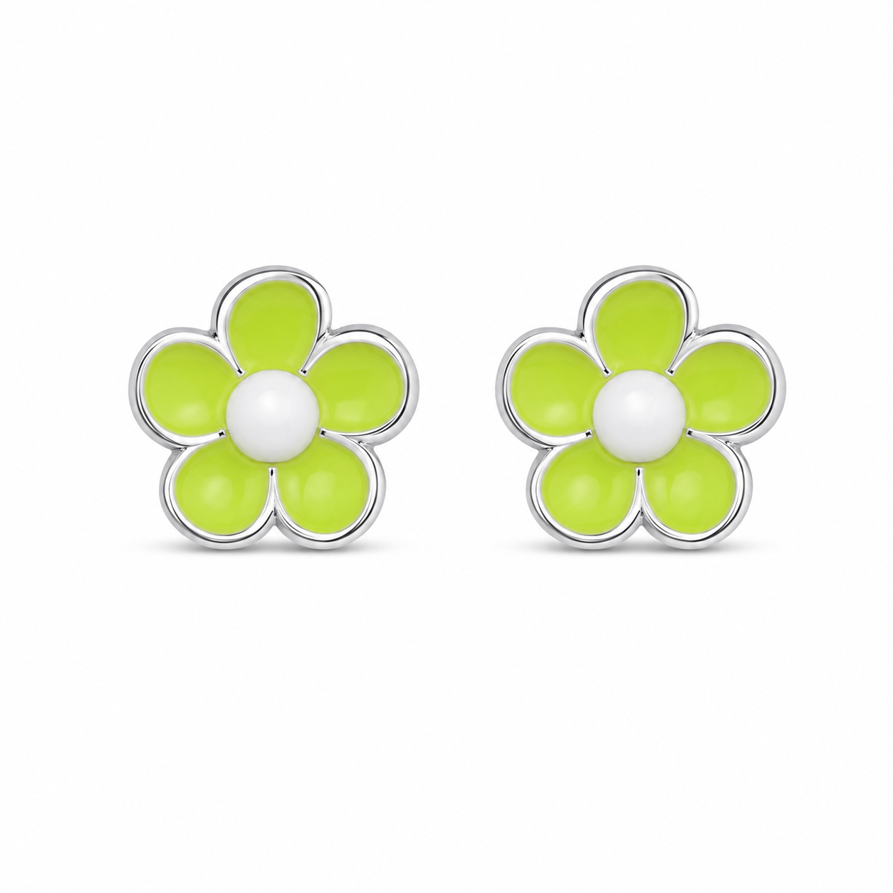 Front view of a pair of Lime Green Floral Enamel Silver Stud Earrings with a white pearl center.