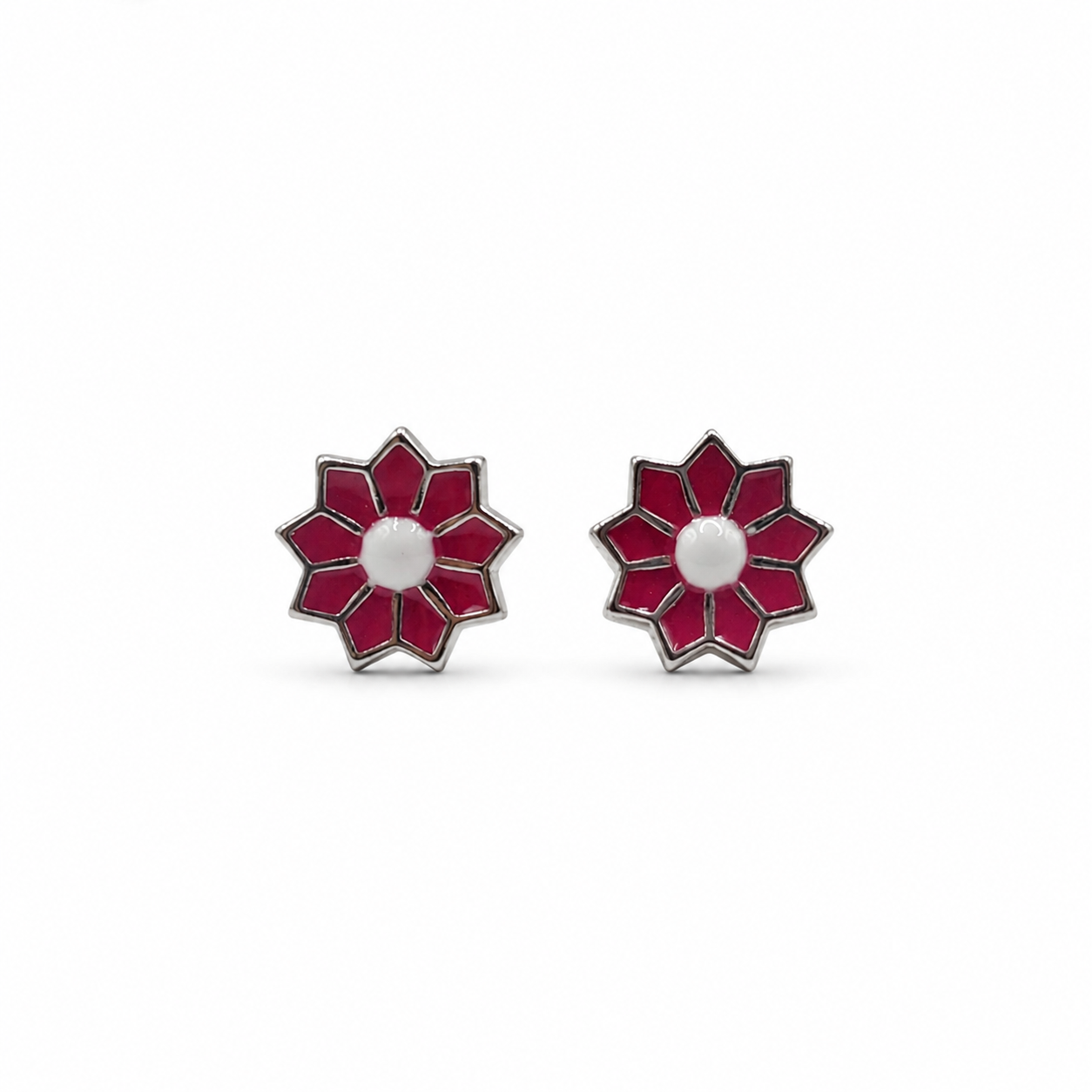 Silver Magenta Enamel Flower Stud Earrings