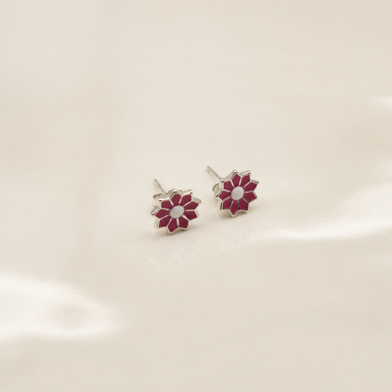 Silver Magenta Enamel Flower Stud Earrings