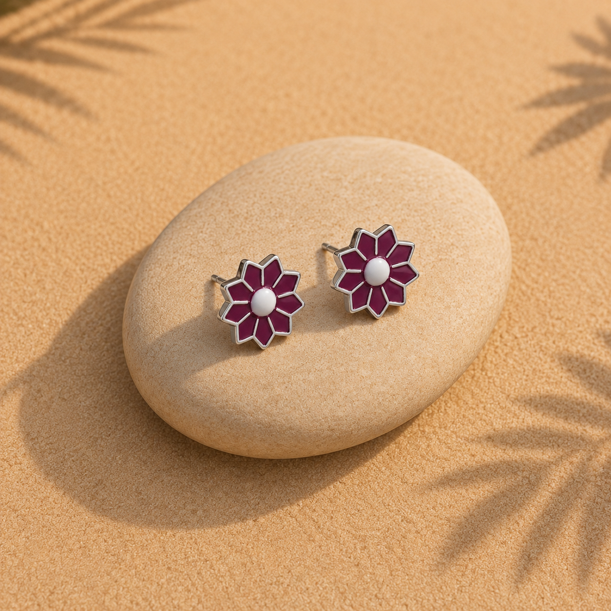 Silver Magenta Enamel Flower Stud Earrings