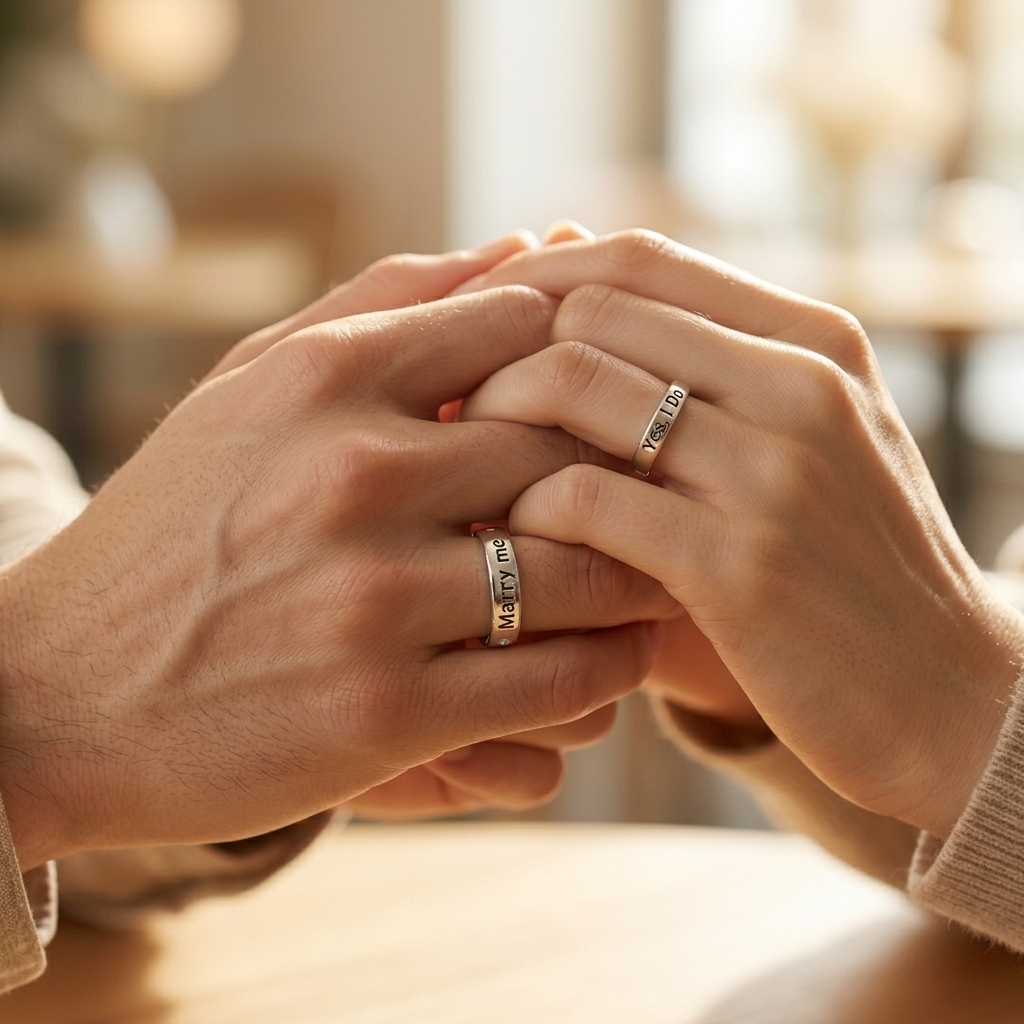 Couple holding hands wearing the Marry Me and Yes I Do silver promise rings