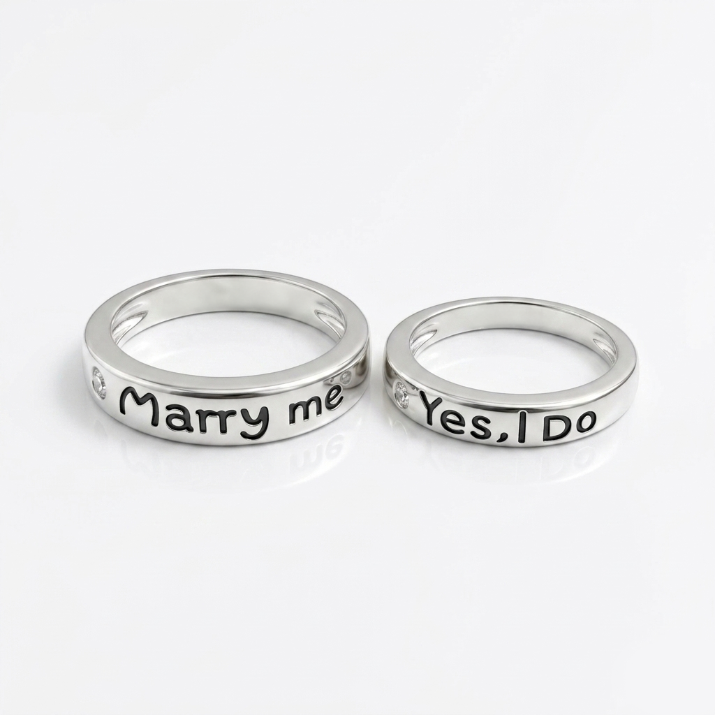 Close up of the Marry me and Yes I Do silver bands with embedded stones on a clean white background