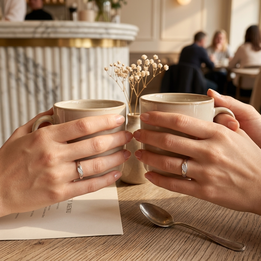 Couple holding ceramic coffee mugs wearing Matching Silver Pave Leaf Couple Bands