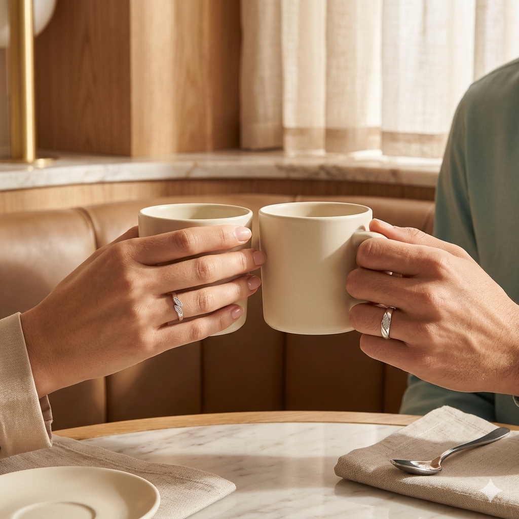 Close up of a couple's hands at a cafe showcasing their Matching Silver Pave Leaf Couple Bands