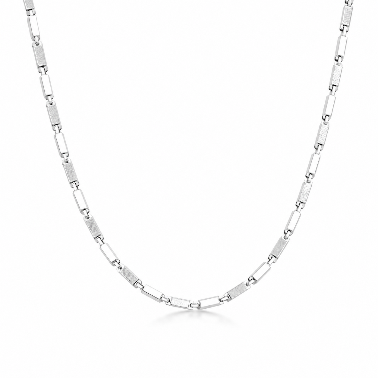 Close-up of the Men's Silver Textured Bar Link Chain, showing alternating polished and matte links on a white background. 