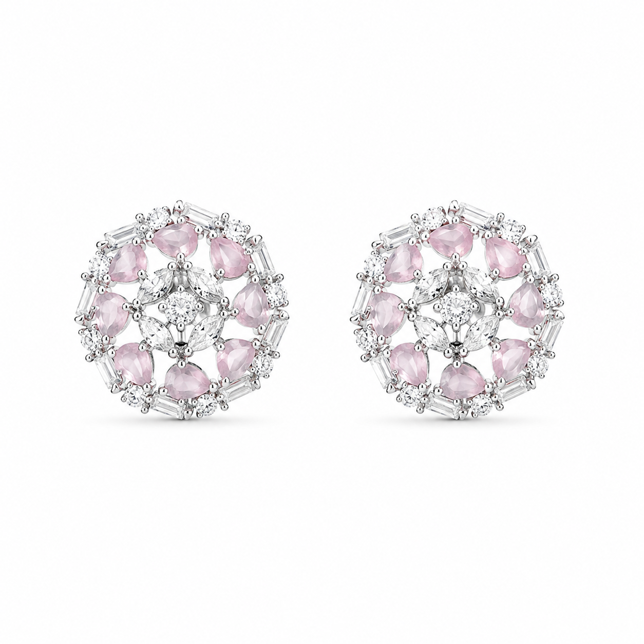 Front view of Pink Stone Floral Silver Cluster Stud Earrings featuring pear-shaped pink stones and clear crystals on a white background