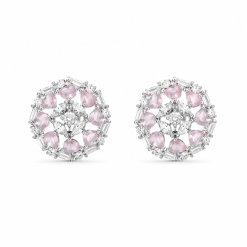 Pink Stone Floral Silver Cluster Stud Earrings