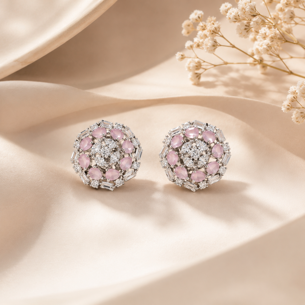 Pink Stone Floral Silver Cluster Stud Earrings resting elegantly on draped champagne fabric with delicate dried baby's breath flowers