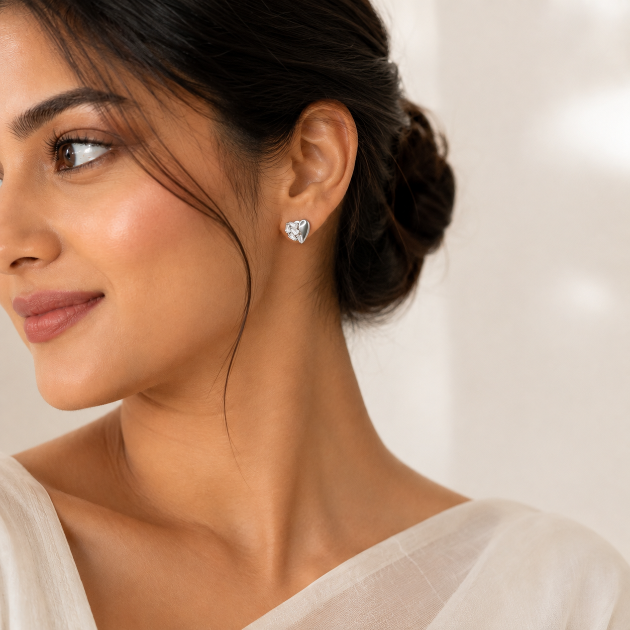 Silver Puffed Heart Stud Earrings