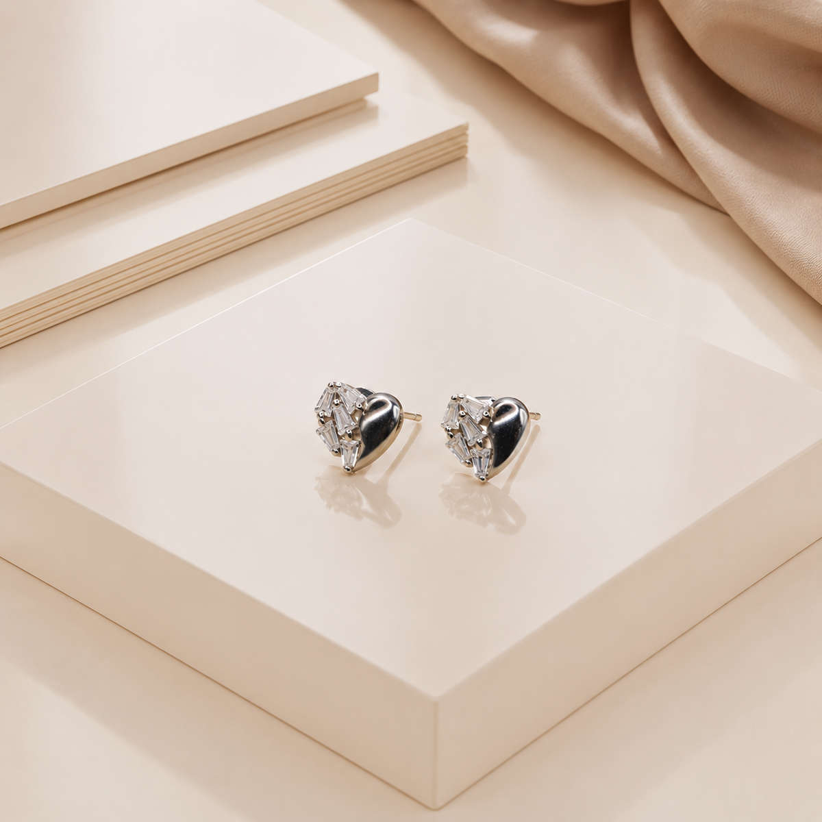 Silver Puffed Heart Stud Earrings