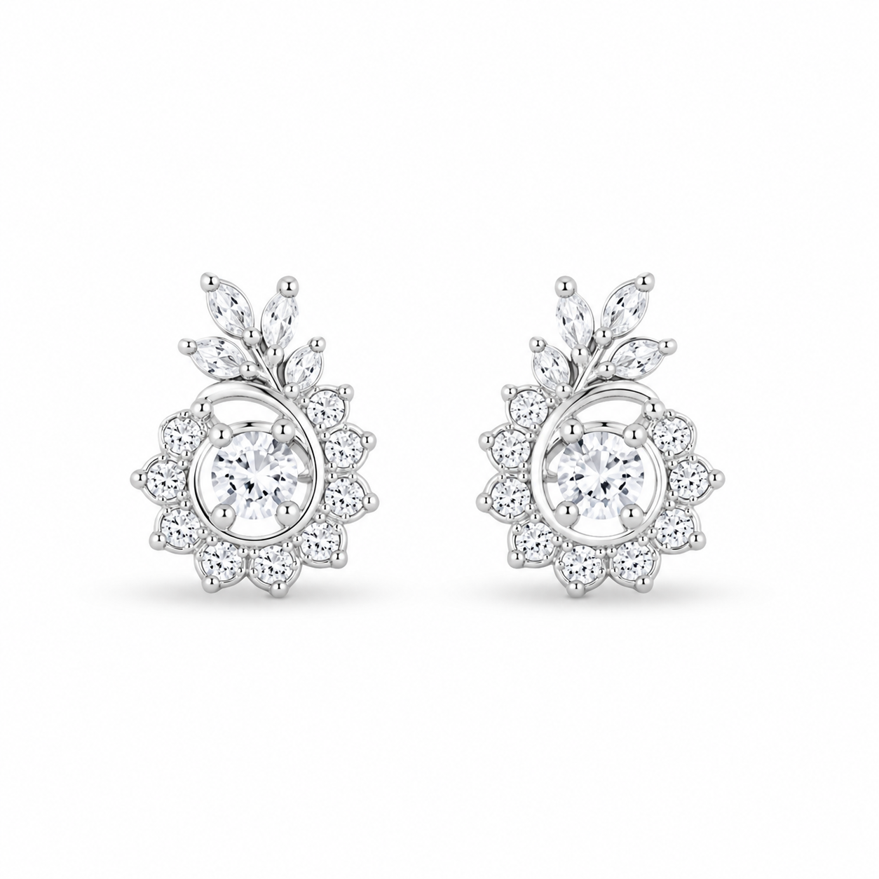Pair of Radiant Floral Swirl Silver Stud Earrings on a pristine white background