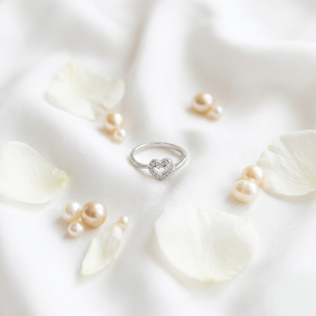 Close up of the Radiant Open Heart Sterling Silver Ring placed on a white fabric background surrounded by white rose petals and pearls.