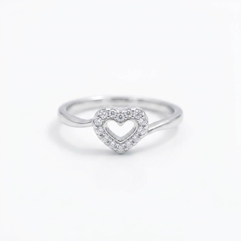 Studio shot of the Radiant Open Heart Sterling Silver Ring showing the brilliant stone details against a pure white background.