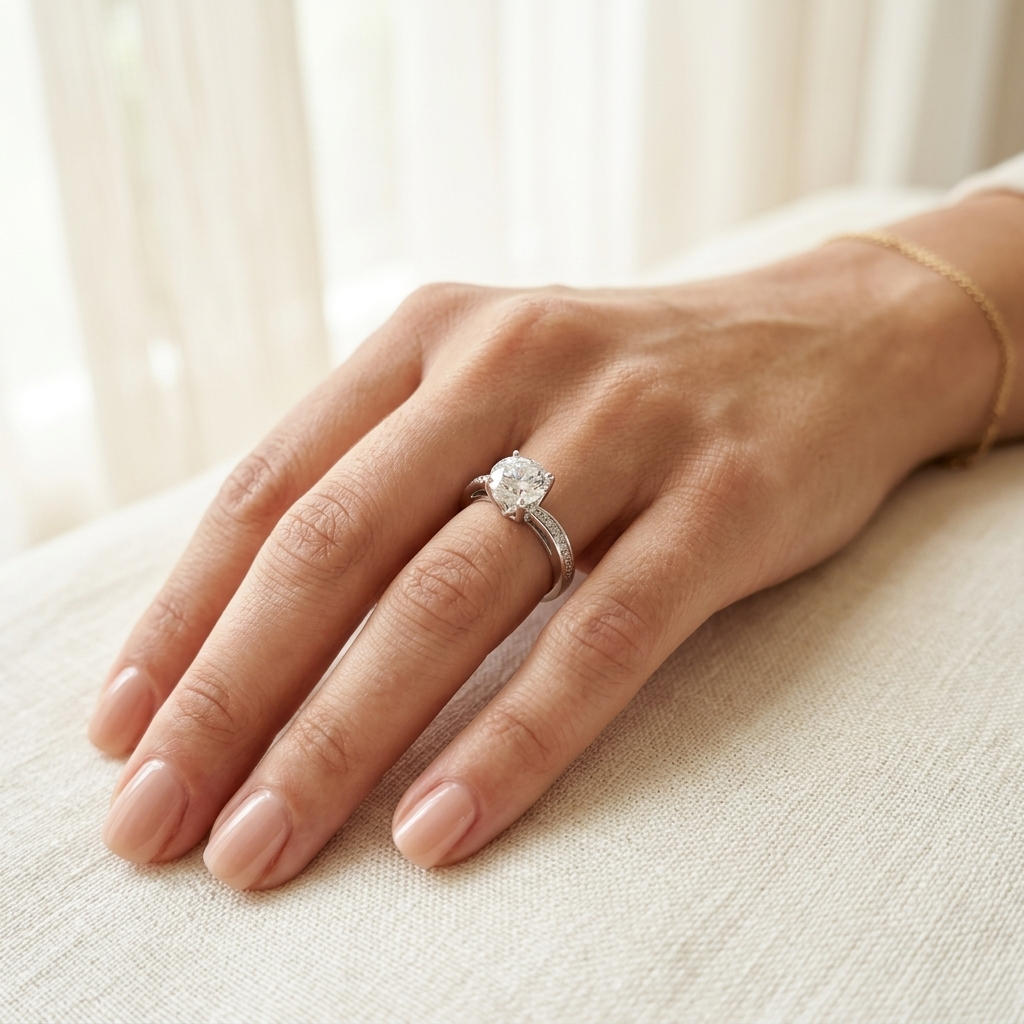 Close-up of a woman's hand wearing an elegant Radiant Round Cut Silver Pave Solitaire Ring, resting on a textured cream fabric