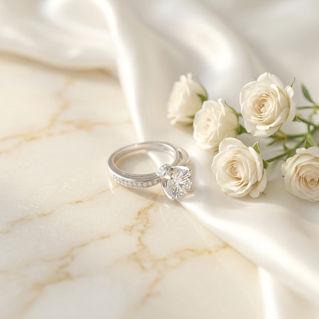 A sparkling Radiant Round Cut Silver Pave Solitaire Ring lying on white silk fabric next to delicate white roses 