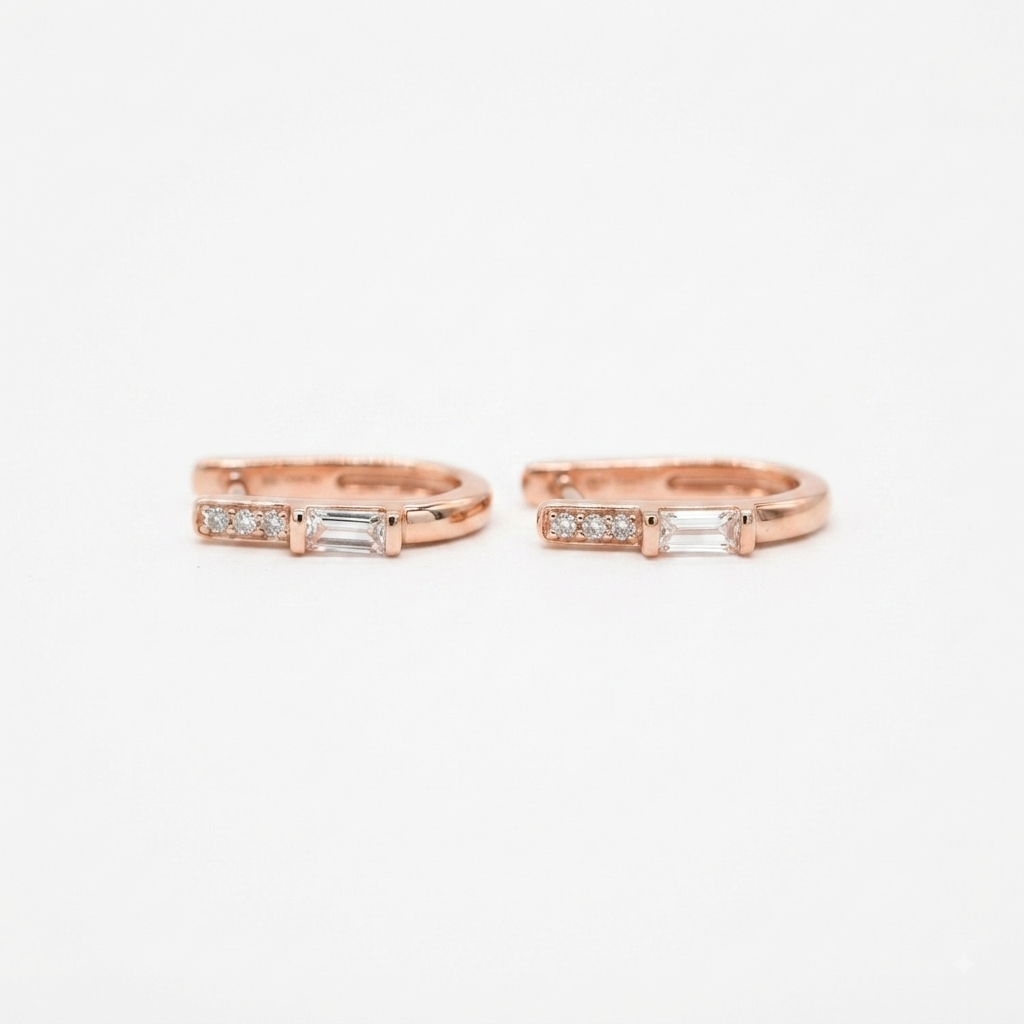 Rose Gold Baguette CZ Huggie Earrings_01
